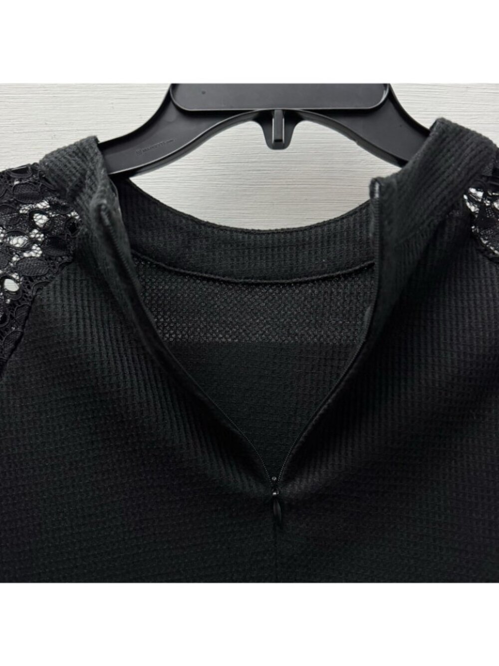 Miholl Black Waffle Knit Top Womens S Lace Sleeve Mock Neck Long Sleeve Casual - Picture 4 of 8